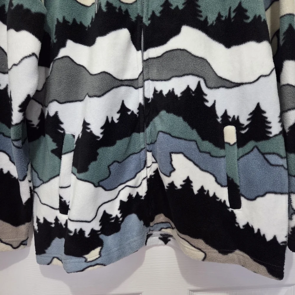 Free Nature Mountain Pattern Full Zip up Polar Fleece Hooded Jacket Size Large